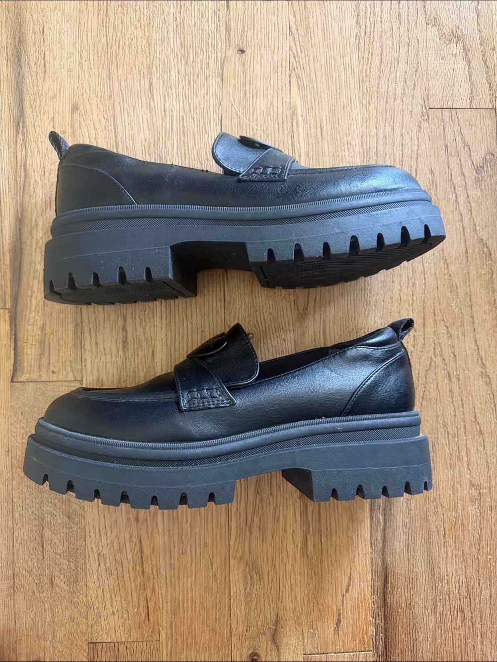 Y2K Chunky Lug Sole Black Platform Loafers Slip On Cleated Penny Style